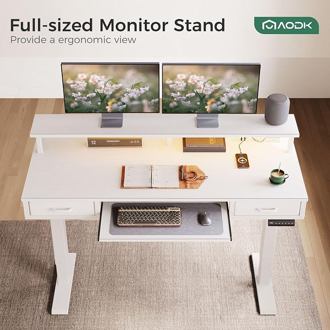 AODK 55 Inch Electric Standing Desk with Drawers & Keyboard Tray, White | Power Outlet, LED Lights, Monitor Stand, Cable Management Tray, 3 Memory Heights, 29.9"-46.1" in Range