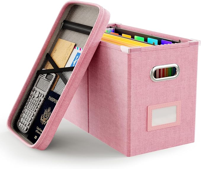 File Organizer Box with Lid, Hanging Filing File Box with Mesh Pocket, Document Organizer Box for Letter Files, Portable Storage Box with Smooth Sliding Rail for Office&Home (1 PCS, Pink)