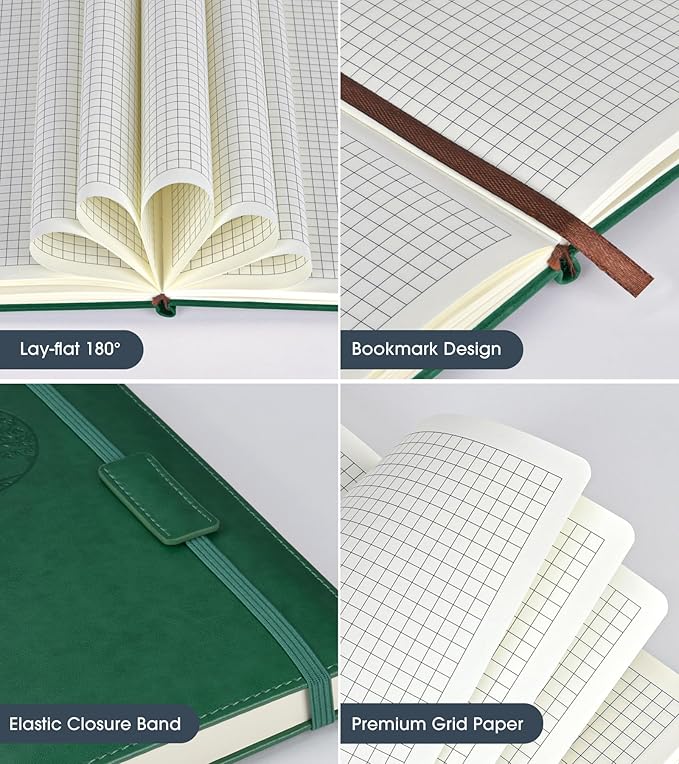 Graph Paper Notebook Journal for Women Men,140 Pages Hardcover Grid Notebooks for Work & School,Leather Journals for Writing, Graphing Paper Notebook 5.7"×8.3" (Green)