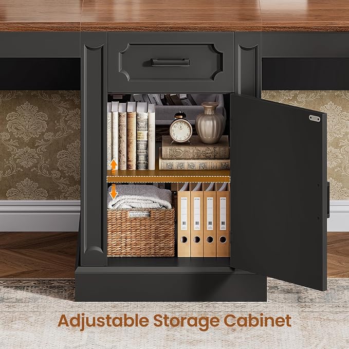 SEDETA Farmhouse 110.3" Two Person Desk with 7 Drawers, Long Computer Desk with Storage Cabinet, 2 Person Desk with Power Outlets for Home Office, Black+Brown