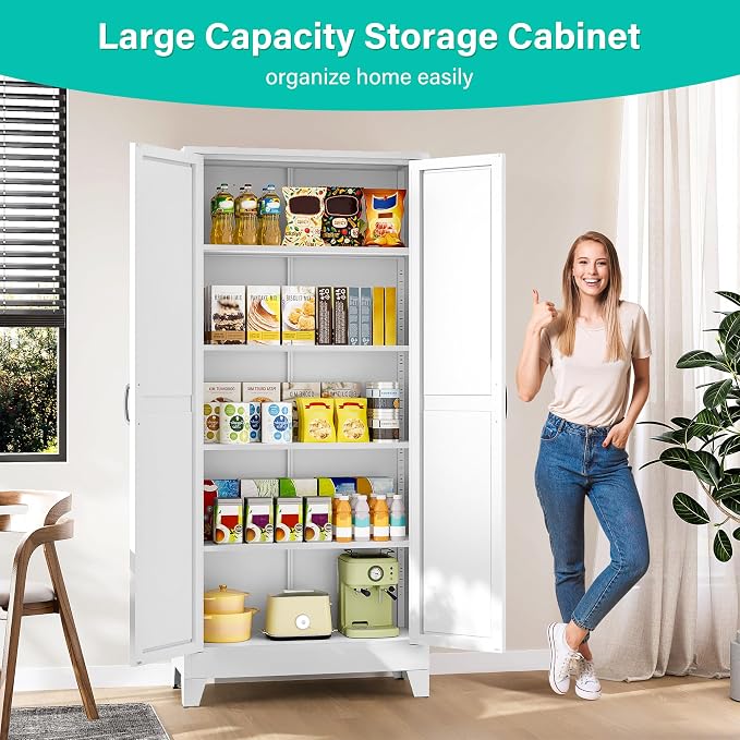 Wide & Deep Pantry Storage Cabinet with 2 Doors and 5 Shelves,72" Tall Farmhouse Storage Cabinet,Large Cupboard Closet,White Cabinets for Home,Kitchen,Bathroom,Dining/Living Room