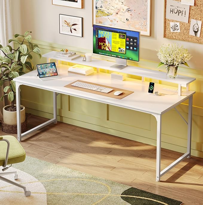 55 inch Gaming Desk, LED & Power Outlets, Monitor Stand, White | Sturdy PC Desk for Home Office, Study & Work, LED Lights, 4 AC Outlets & USB-C Charging Station