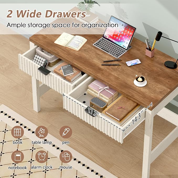 39 Inch Small Fluted Computer Desk with 2 Drawers for Bedroom, Home Office | Small Computer Desk with Storage, Compact Writing Study Desk for Small Spaces, Brown & White