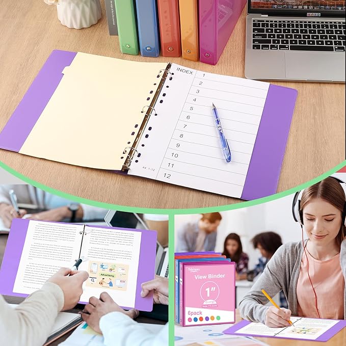 3 Ring Binder - 6 Pack, 1 Inch Binder with 2 Interior Pockets & Clear View Overlay, Large Capacity, Round Ring Binders for Office Supplies, School & Home (6 Colors, Rainbow Colors)