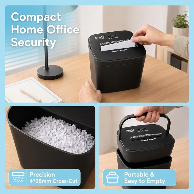OVO-408S Mini Home Office Cross Cut Shredder, 3-Sheet Folded, 4L Bin | 4×28mm cross cut, jam reverse, 2m/min speed, <65dB quiet, 4min/60min cycle, shreds receipts, envelopes, home office privacy