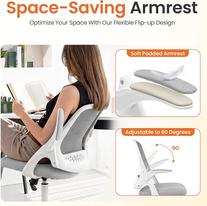 NEO CHAIR Office Computer Chair Ergonomic Mesh Back Flip-Up Arms, Grey | Lumbar Support, Smooth-Rolling Casters, Height Adjustable Seat, Comfortable Seating for Office, Study and Computer Work