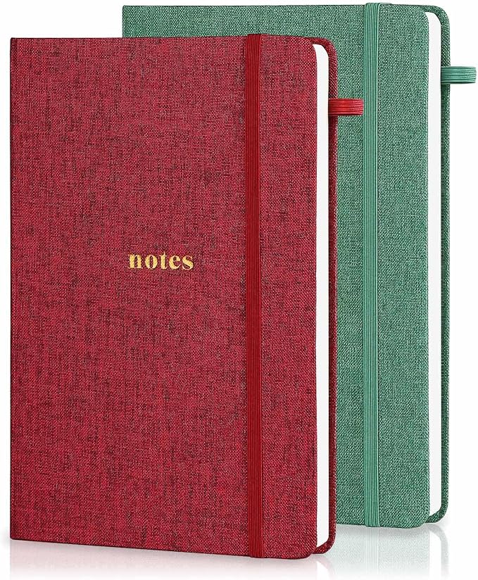 A5 Lined Journal Notebook, Fabric Hardcover, 2 Pack | 100GSM Paper 160 Pages, 5.7"x8.39" College Ruled Journaling, with Elastic Band & Pen Loop, for Work, School (Purplish-red)