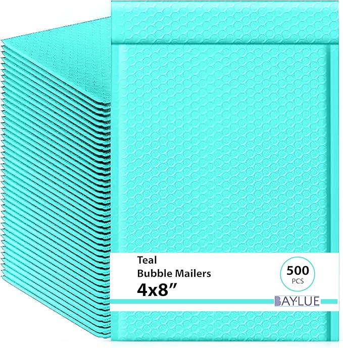 Teal Small Bubble Mailers 4x8 Inch #000 | Thick Padded Poly Bubble Mailer Envelopes | Trading card sports Card Bubble Envelopes | Mailing Envelopes | Water & Tear Resistant | 500 Pack Bulk