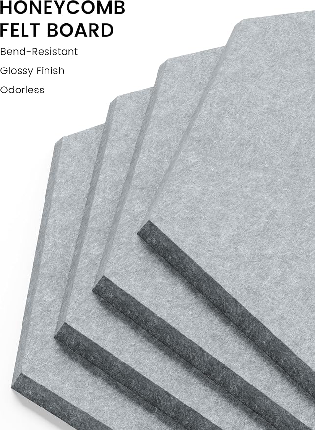 Fluxynara 8-Pack Hexagon Felt Bulletin Board Tiles, Blue Gray-1 | Cork Board Alternative with 50 Adhesive Tabs for Notes, Photos and Reminders in Home Offices, Dorm and Classrooms