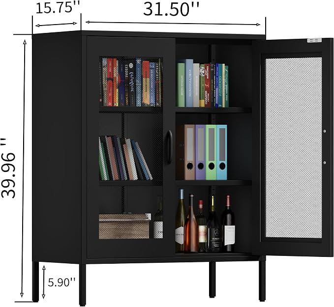 Washsemba Metal Storage Cabinet with Mesh Doors and Shelves,Multipurpose Storage Rack, 3-Tier Office Cabinet,Metal Locker Style Accent for Home Office,Living Room,Kitchen (Black-mesh, 40''H)
