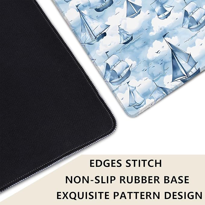 Sailboat Extended Mouse Pad 31.5x11.8in, Blue Ocean Cloud Pattern Large Desk Mat with Non-Slip Rubber Base, Big Mousepad for Laptop Computer PC, Gaming Office Home Decor, Deskmat Gifts