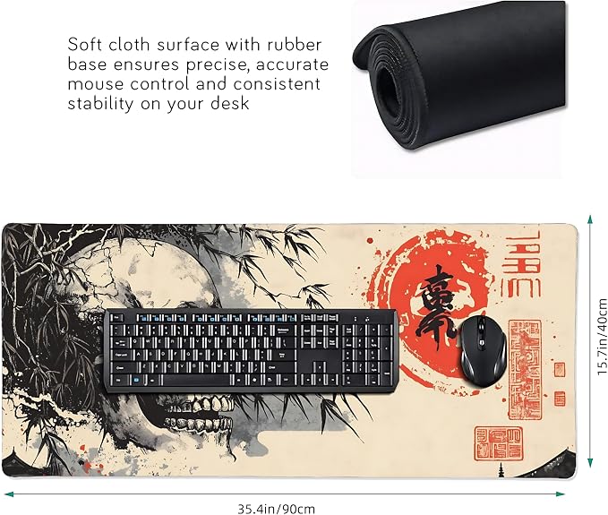 Aesthetic Skull Gaming Mouse Pad, Beige Black Japanese Desk Mat with Anti-Slip Base & Stitched Edges,35.4" x 15.7" in Desk Accessories for Women, Home Office Decor & Artistic Gift