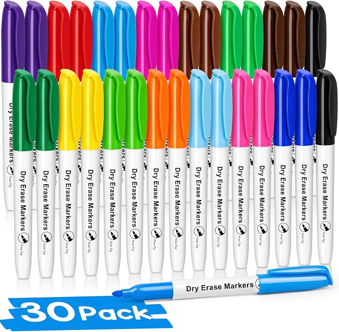 V-Opitos 30 Pack Fine Tip Dry Erase Markers - Bulk Whiteboard Erasable Markers in 15 Colors, Ideal for School Classroom Office Supplies, Non-Toxic & Easy Clean for White board