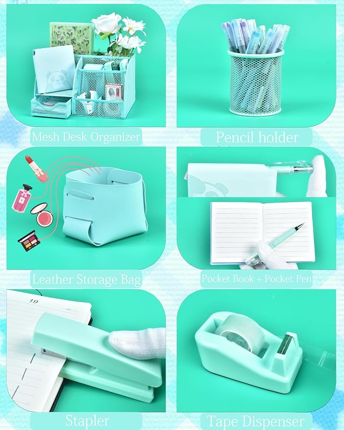 23pc Green Desk Accessories and Organizers with Mesh Organizer Stapler Tape Dispenser Calculator and a Lot of Office Purple Office Supplies Beautifully Presented in a Gift Box