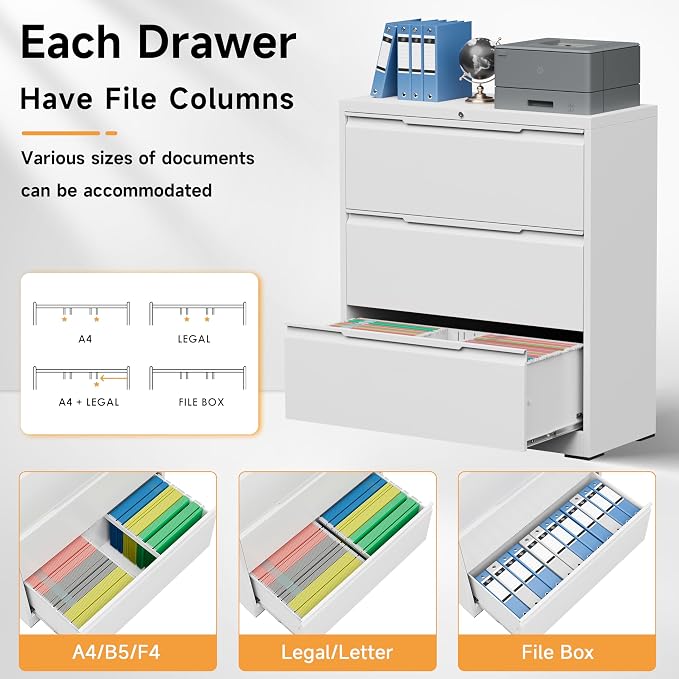 Bestoo 3 Drawer File Cabinet, Metal Lateral Filing Cabinet with Lock | Lockable Drawers, Large Storage Capacity, Heavy Duty Build, Smooth & Quiet Slides, Suitable for Letter/Legal/F4/A4 Size