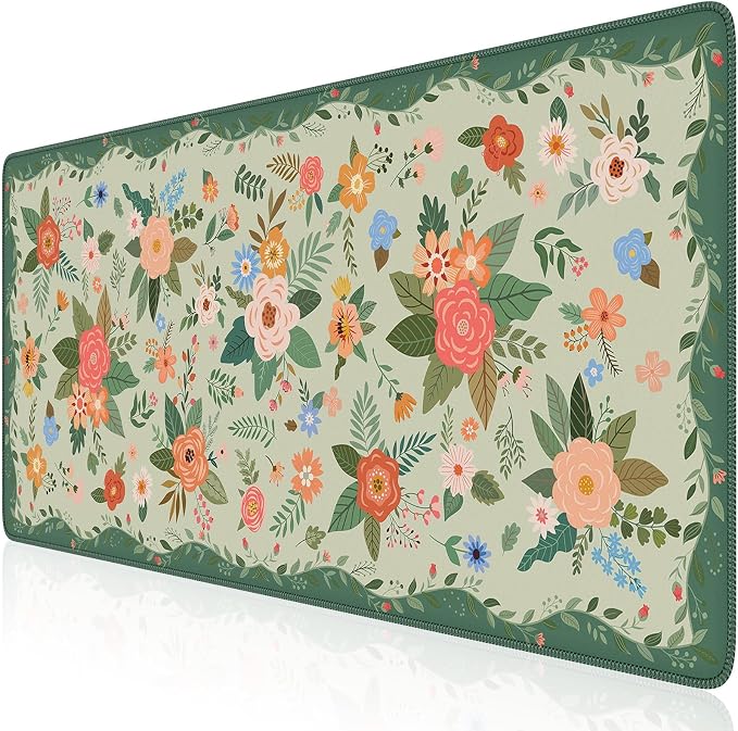 iCasso Floral Desk Mat for Keyboard and Mouse,Green Floral | Cute Gaming Mouse Pad,Anti-Slip Soft Lycra Surface Computer Mat Women,Girly Big Mousepad for Home Office