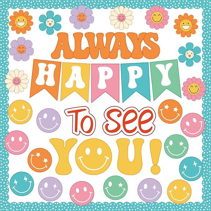 54Pcs Smile Face Bulletin Board Decorations Set, Always Happy to See You Bulletin Board, Colourful Happy Face Paper Cutouts for Back to School Classroom Teacher Supplies Office Door Wall Decor