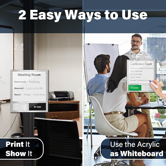 Conference Room Door Sign with Slider – Office Door Sign for Meeting Room, Writable Whiteboard Panel, DIY Custom Insert Options, In Use Available Sign, Self-Adhesive Mount, Brushed Silver