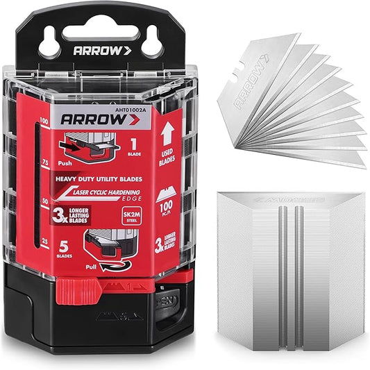 ARROW 100-Pack SK2 Utility Knife Blades, Premium Tempered Steel Box Cutter Blades with Convenient Dispenser, Sharp & Durable Replacement Blades for Cutting, Crafting, DIY Projects
