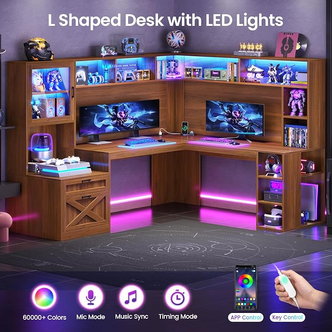 SEDETA Farmhouse L Shaped Office Desk with Double Hutch, Storage Shelves | Computer Desk with Storage Shelves and Power Outlet, Corner Gaming Desk with LED Light and Display Cabinet for Home Office