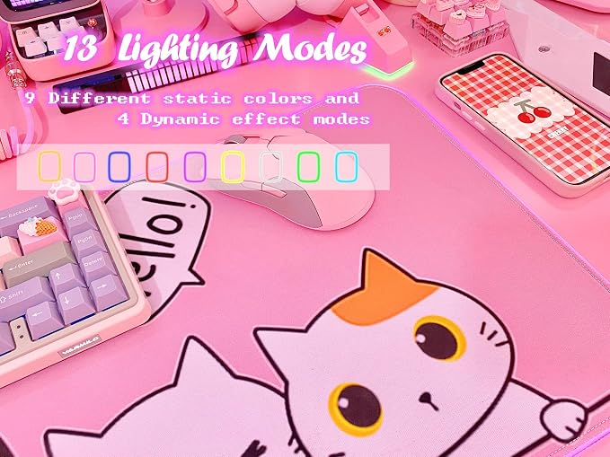 JMIYAV Pink Kawaii Cat RGB Gaming Mouse Pad 31.5x12 Inch PC XL Large Extended Glowing Led Light Up Cool Mouse pad Desk Pad Non-Slip Rubber Computer Mouse Mat Cute Mousepad 31.5x12 Inch