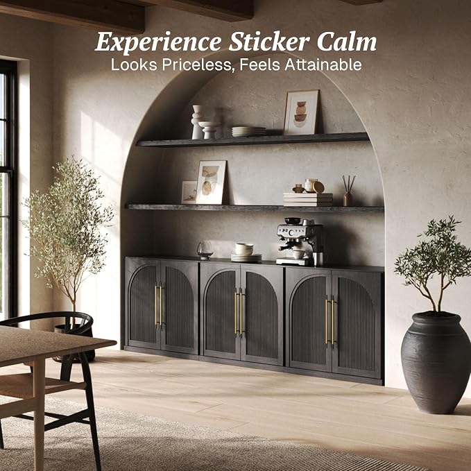 BELLEZE 3 Tier Bookshelf with Double-Arc Door, Set of 2 Modern Bookcase Shelf with Storage and Adjustable Shelves, 65'' Arched Buffet Wood Bookshelves for Living Room Office Entryway (Ebony)