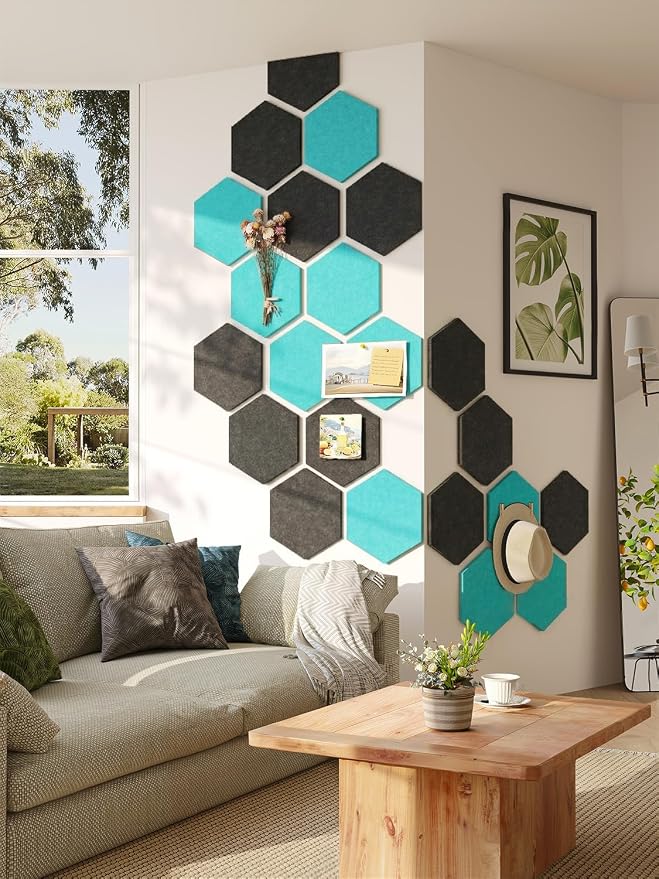 8-Pack Hexagon Felt Bulletin Board Tiles, Cork Board Alternative | For students and teachers creating vision boards in homes, offices, dorms or classrooms; includes 30 push pins.