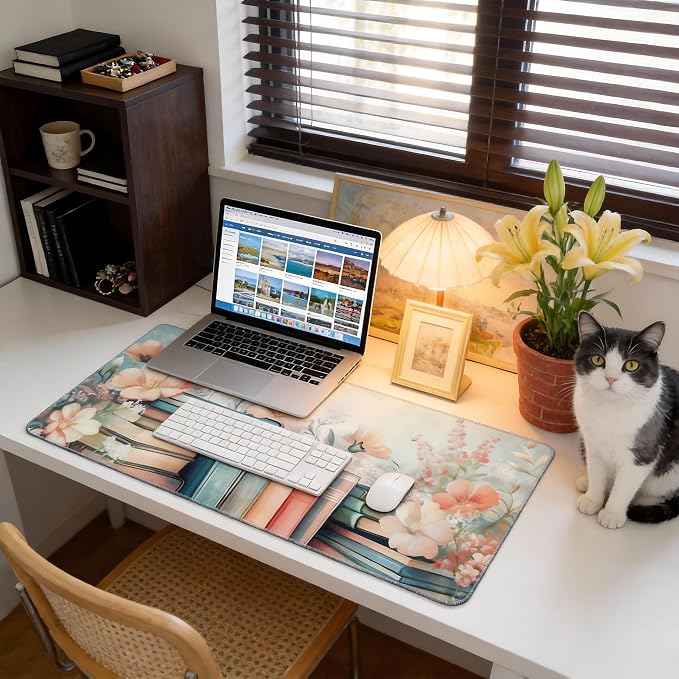 Floral Aesthetic Book Gaming Mouse Pad, Black Blue Cottagecore Desk Mat with Anti-Slip Base & Stitched Edges, Office Supplies & Desk Decor for Women, 35.4" x 15.7" in Home Office Essentials