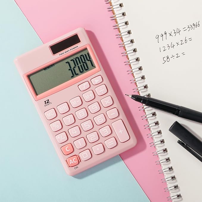 Mr. Pen - Standard Function Solar Calculator, 12 Digits, Light Pink | Pocket Size