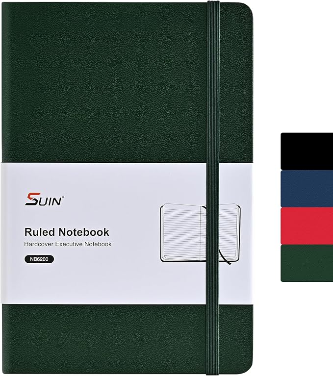 SUIN A5 Hardcover Lined Journal, 100 GSM Smooth Paper, 192 Pages, Green | Full-Page Undated Ruled Layout, Slim Sturdy Cover, Matching Ribbon Bookmark & Elastic Closure