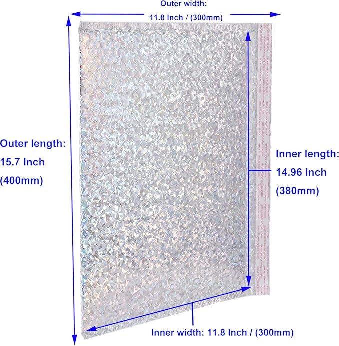 30 PCS Holographic Bubble Mailers 15.7 x 11.8 Inch, Silver Padded Envelopes Self Sealing Metallic Bubble Lined Adhesive Cushion Envelopes for Shipping, Mailing