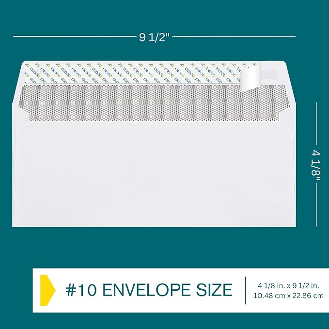 #10 Envelopes Self Seal, 100 Count, Security Tinted, 4 1/8 x 9 1/2 Inch, Business Envelopes Letter Size, 24 LB Paper - Bright White Color - Legal Size