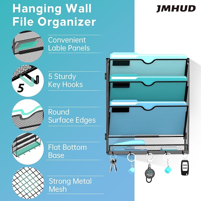 4-Tier Wall File Organizer and Mail Organizer with 5 Hooks, Black | Label slots, curved openings, 5 key hooks, and a bottom tray support organized mail, file, and everyday item storage.