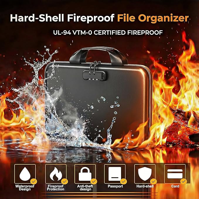Fireproof Accordion File Organizer with Lock,Hard-Shell Fireproof Document Box with 13 Pockets for Certificates, Passports Laptop Important Documents Portable Home Office Travel Safe Storage