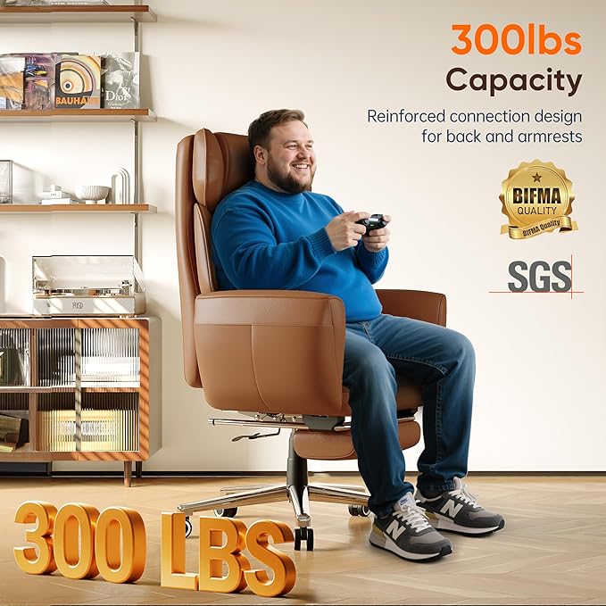 GABRYLLY Ergonomic Chair with Footrest – Wide Cross Legged Chair with Reversible Armrests, 120°Tilt, Heavy-Duty Base, Big and Tall Executive Chair Plus, Brown, GY82766