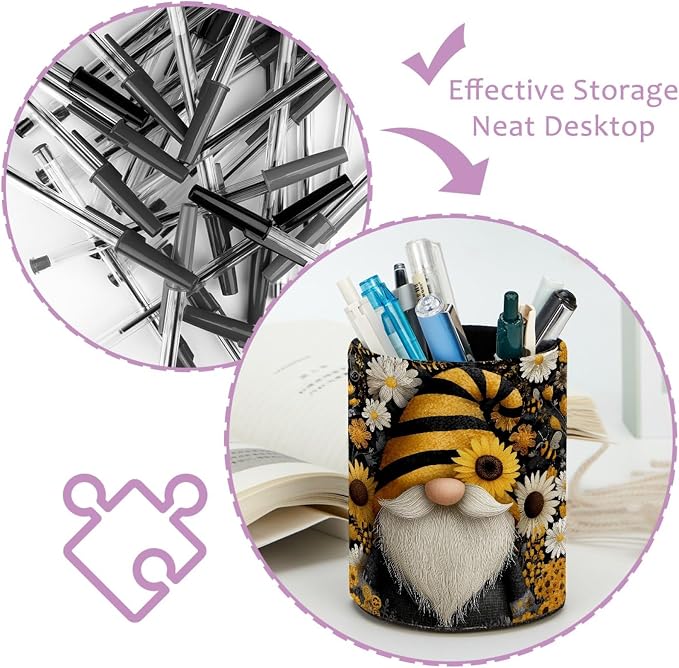 Leather Pen Holder for Desk, Gnome Sunflower Pencil Cup Pen Organizer Makeup Brush Holder for Office Home Kids Countertop Desk Accessory Storage