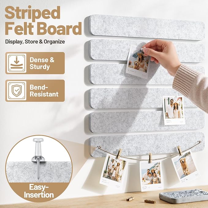 10 Pack 13"x2" Cork Board Strip with Removable Adhesive Squares & Push Pins | Pin Board Alternative Felt Strip Bulletin Board, Felt Board for Photo & Note Display, Home Office Decor - Gray