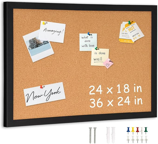 DOLLAR BOSS Cork Board for Wall 36"x24", Black Wood Framed Bulletin Board | Picture Display Pin Board, Decorative Hanging Vision Board, For Office Home School, 10 Pushpins