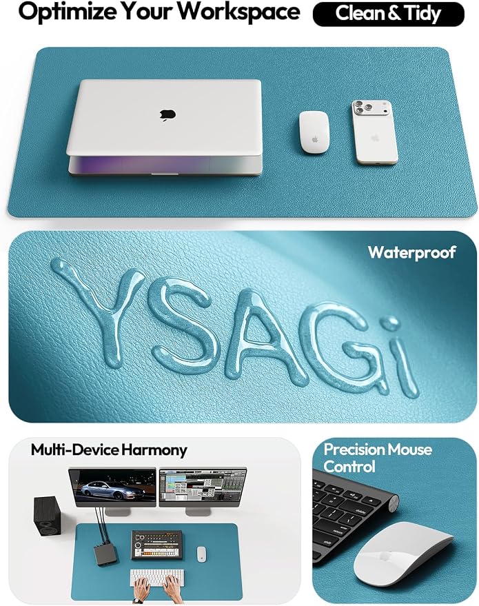 YSAGi Leather Desk Pad Protector, Office Desk Mat, Large Mouse Pad, Non-Slip PU Leather Desk Blotter, Laptop Desk Pad, Waterproof Desk Writing Pad for Office and Home (Turquoise, 23.6" x 13.8")