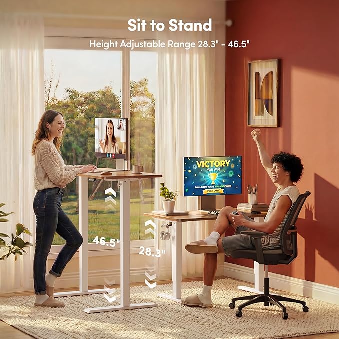 FEZIBO 48 x 24 Inchs Electric Standing Desk, Height Adjustable, Sit Stand Up, Computer Office Desk with Splice Board, White Frame/Light Rustic Top