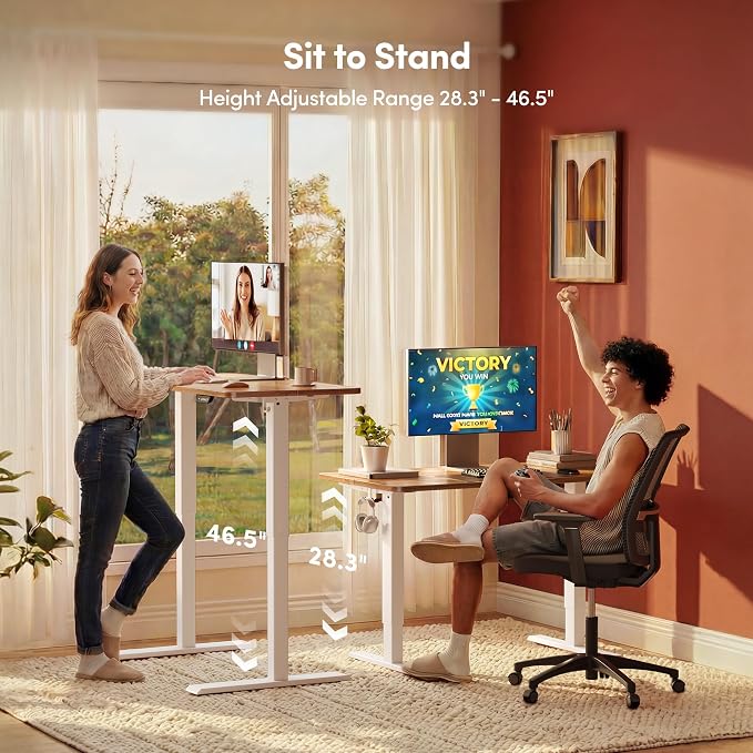 FEZIBO 40 x 24 Inchs Electric Standing Desk, Height Adjustable, Sit Stand Up, Computer Office Desk with Splice Board, White Frame/Light Rustic Top | Sit and Stand Up Adjustable Desk, Home Office Computer Desk with 3 Customizable Memory Presets
