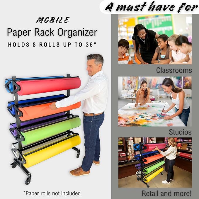 8 Rack Paper Roll Holder Dispenser & Cutter for 36 inch Butcher Craft Rolls | Horizontal Rolling Stand Stores Kraft and Classroom Bulletin Board Supplies