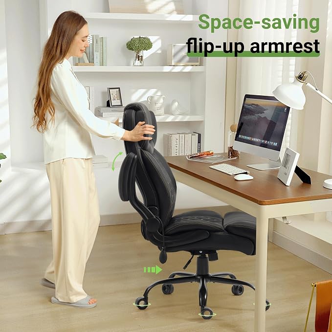 Office Chair, Big and Tall Executive Chair with Air-Lumbar Support, Breathable Desk Computer Chair with Adjustable Flip-up Armrests, Wide Cushion Seat Swivel Home Office Chair