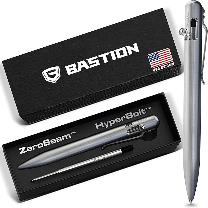 BASTION Titanium Bolt Action Pen - exclusive Hyperbolt & ZeroSeam, CNC Machined EDC Writing Tool, Refillable, Flagship Executive Gift Pen - Silver