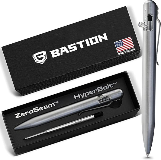 BASTION Titanium Bolt Action Pen - exclusive Hyperbolt & ZeroSeam, CNC Machined EDC Writing Tool, Refillable, Flagship Executive Gift Pen - Silver