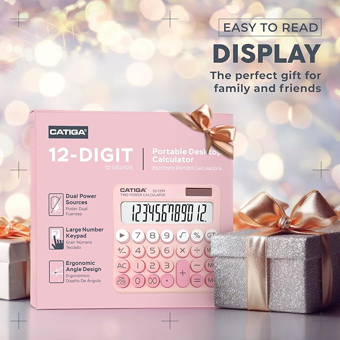 CATIGA Mechanical Switch Calculator with Solar and Battery Dual Power, 12-Digit Large LCD Display, Aesthetic and Cute Desktop Calculator with Big Button, for Home, School and Office Use, SD-1299