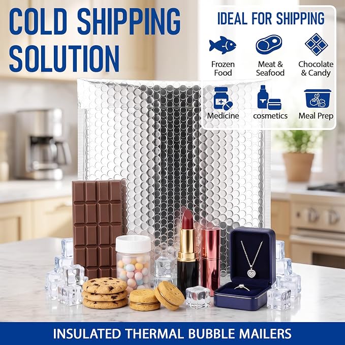 100 Pack 6 x 7 Inch Insulated Bubble Mailers, Silver | Self Adhesive Closure, Foil Lined Interior, Padded Cushioning, Waterproof, Cold Delivery Packing, for Food and Cosmetics