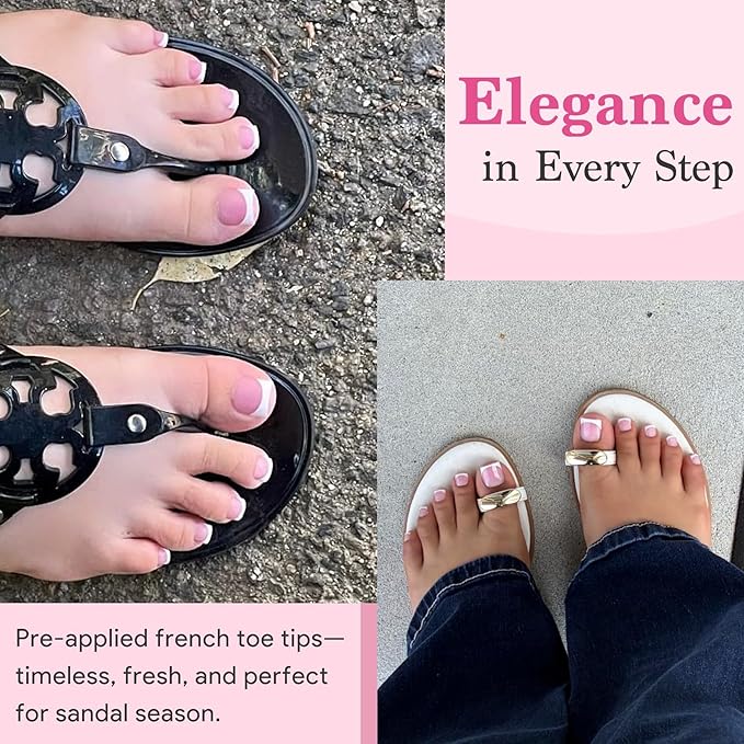Toe Nails Press On French Tips for Women, 15 Sizes 150 Pcs Sharp Square Pre-applied Primer & Base Coat Toenail Press Ons Baby Pink Full Cover Fake Tips Extension