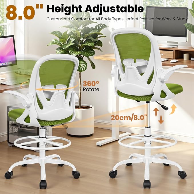 Drafting Chair Tall Office Chair with Flip-up Armrests Executive Ergonomic Computer Standing Desk Chair with Lumbar Support and Adjustable Footrest Ring (AvocadoGreen)