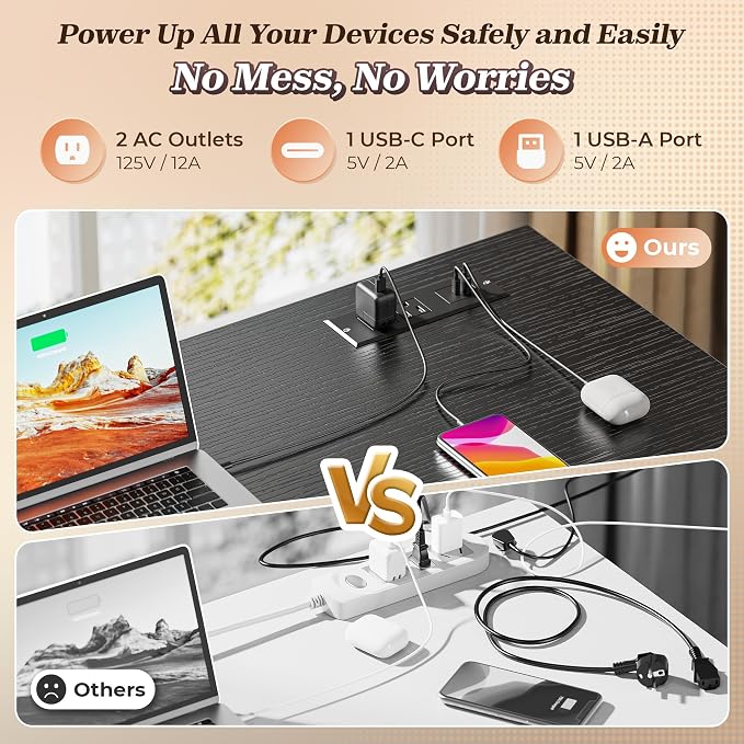 43.3" Small L Shaped Desk with Power Outlets & 4 Drawers | Reversible Computer Desk with 2 Storage Shelves, Corner Office Desk for Gaming Writing Work Study, Black